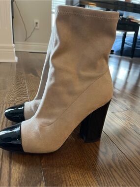 Guess Two-Tone Beige Suede Ankle Boots with Black Patent Toe & Heel